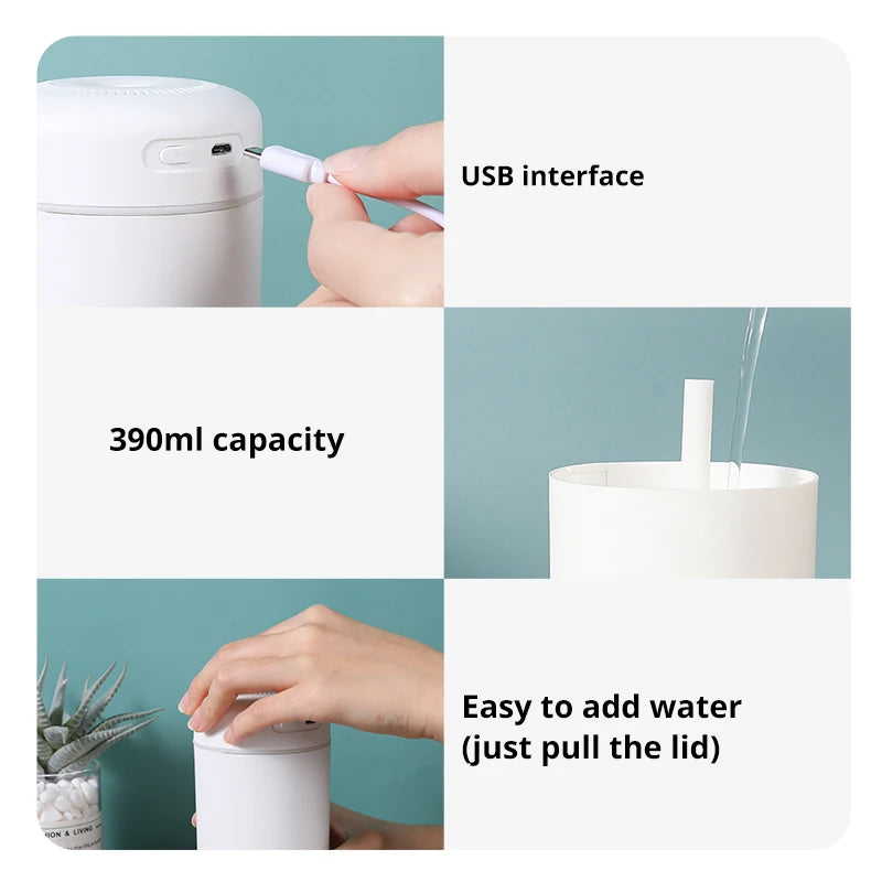 Portable 390ml USB Air Humidifier with LED Night Light & Aromatherapy Function – Ideal for Home or Car Use
